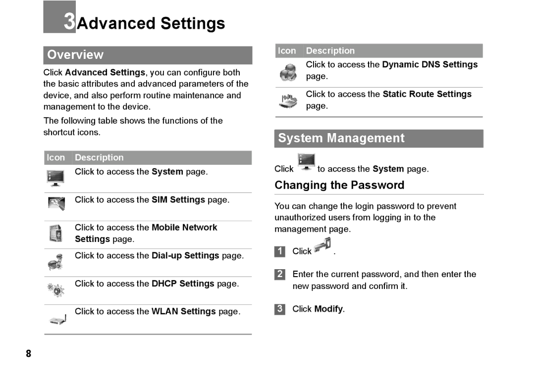 Huawei B970 manual 3Advanced Settings, Overview, System Management, Changing the Password 