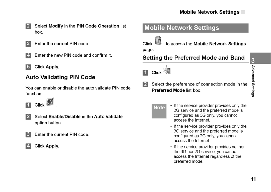 Huawei B970 manual Mobile Network Settings, Auto Validating PIN Code, Setting the Preferred Mode and Band 