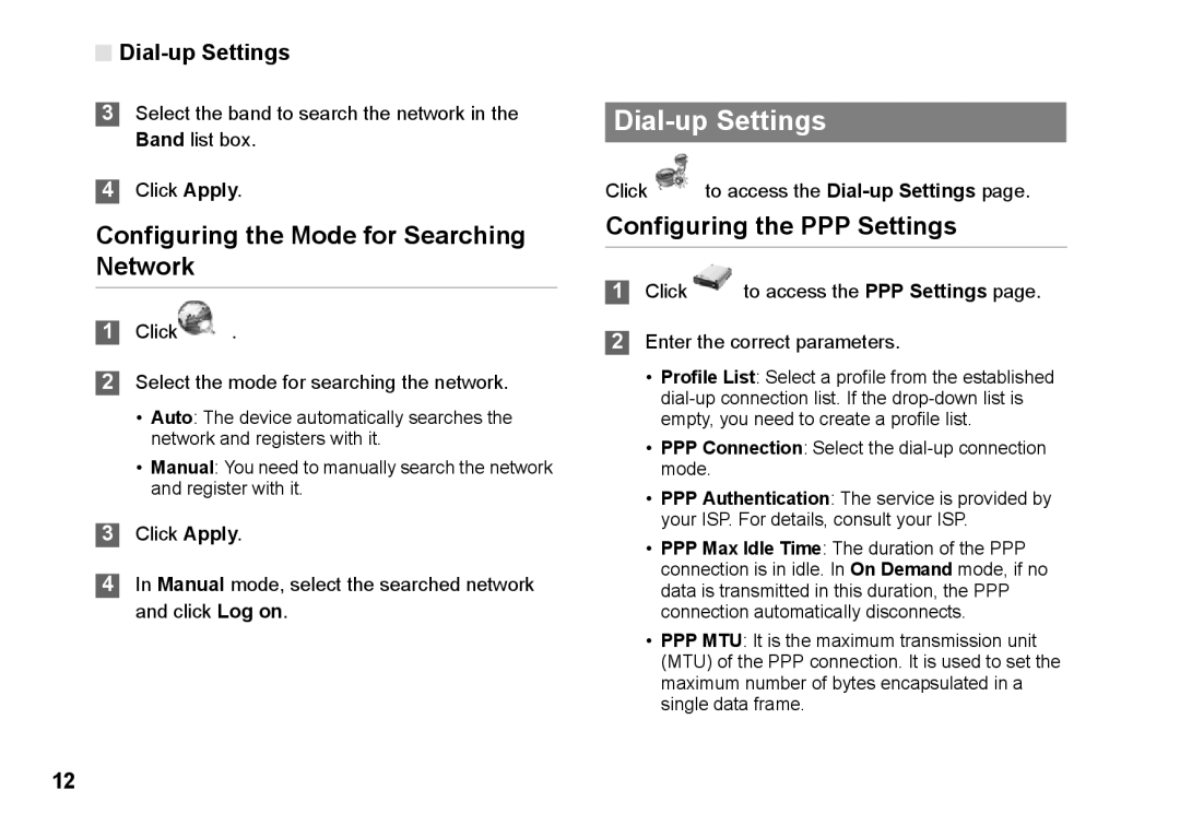 Huawei B970 manual Dial-up Settings, Configuring the Mode for Searching Network, Configuring the PPP Settings 