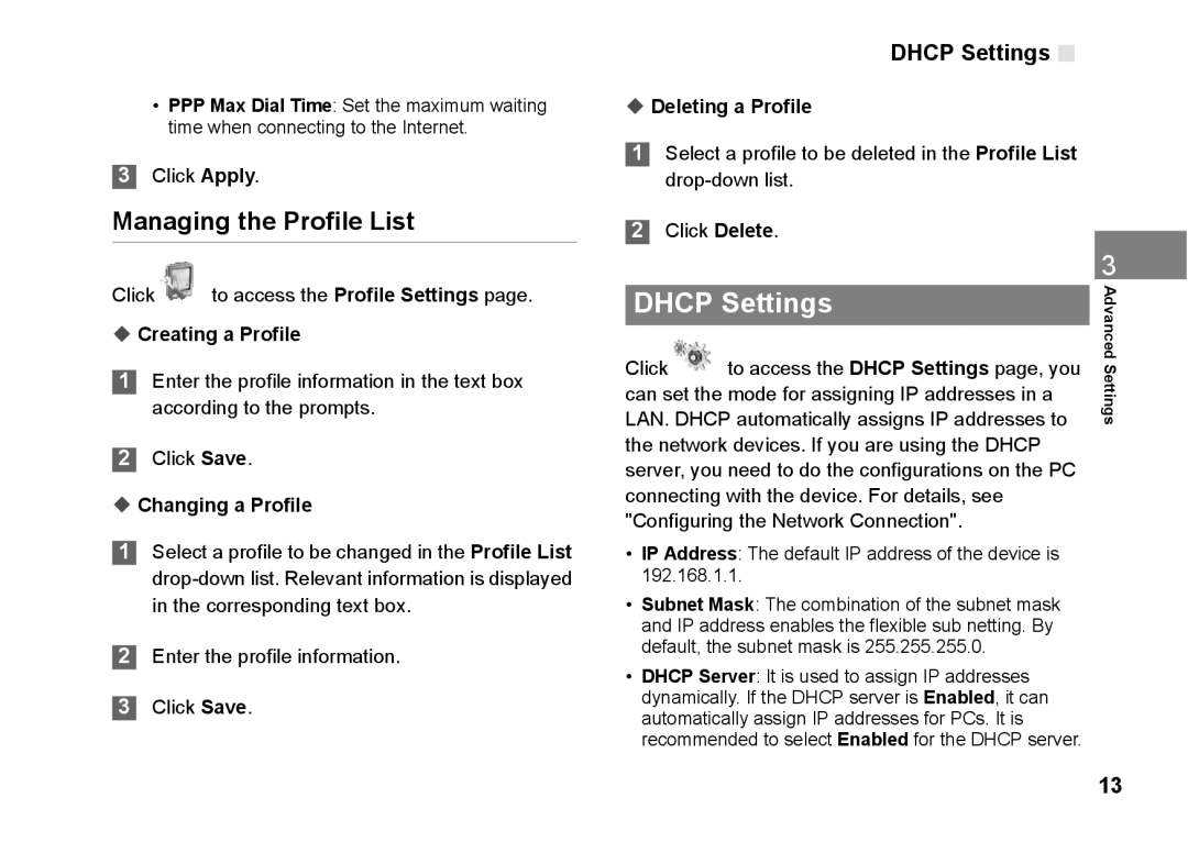 Huawei B970 manual Dhcp Settings, Managing the Profile List 