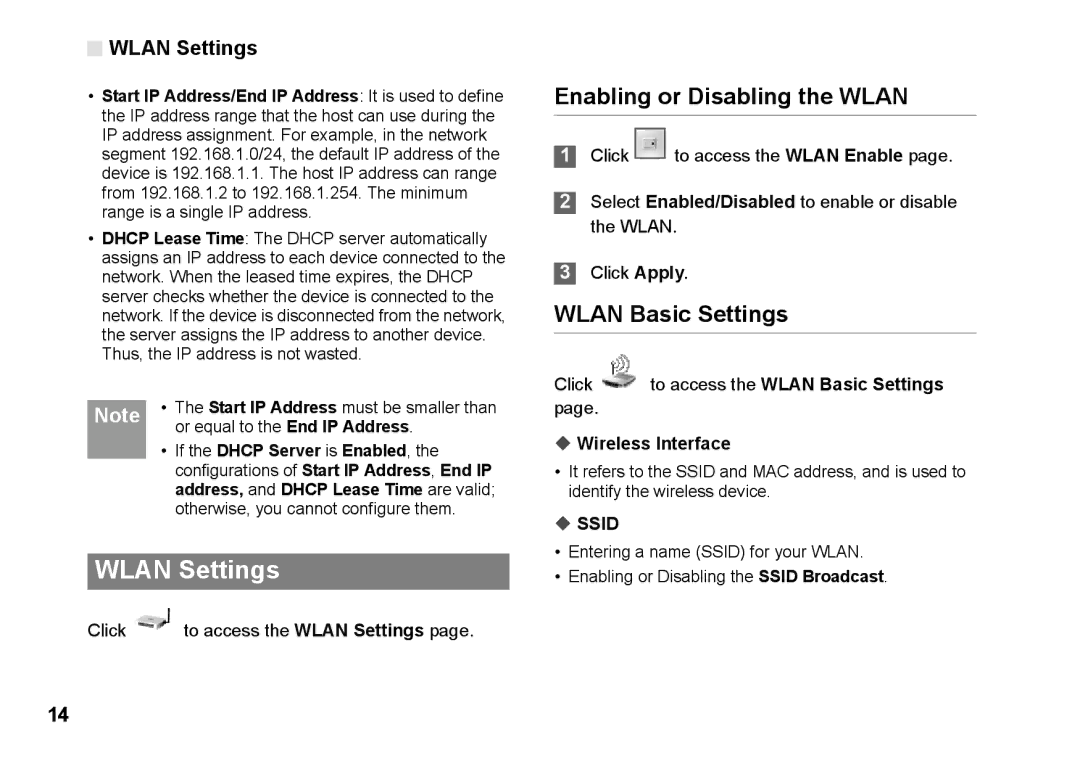 Huawei B970 manual Wlan Settings, Enabling or Disabling the Wlan, Wlan Basic Settings 