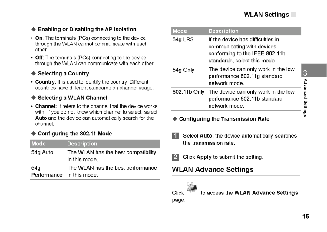 Huawei B970 manual Wlan Advance Settings 