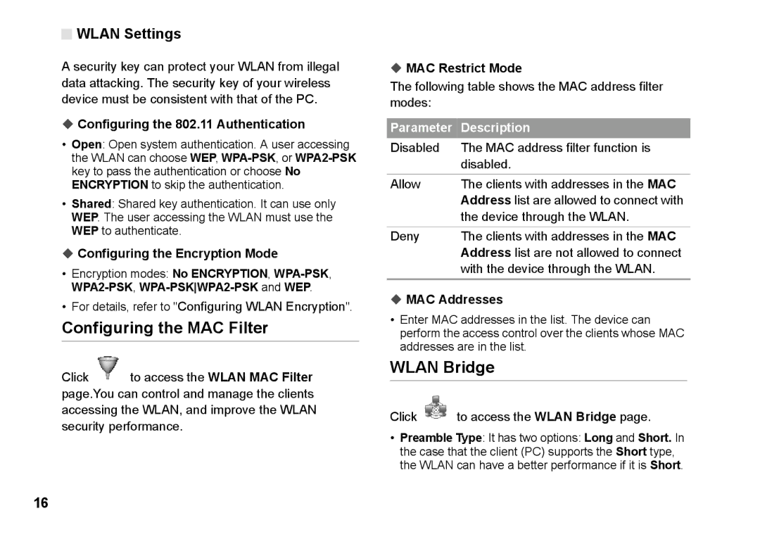 Huawei B970 manual Configuring the MAC Filter, Wlan Bridge 