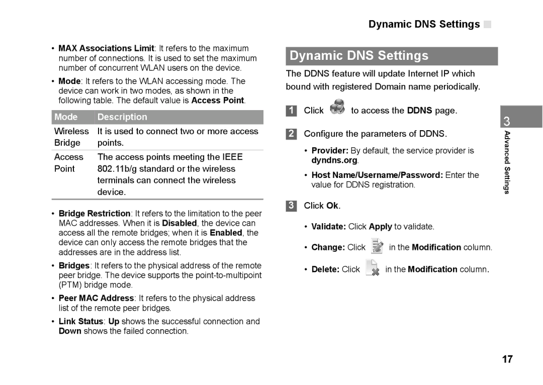 Huawei B970 manual Dynamic DNS Settings, Click Ok Validate Click Apply to validate, Delete Click in the Modification column 