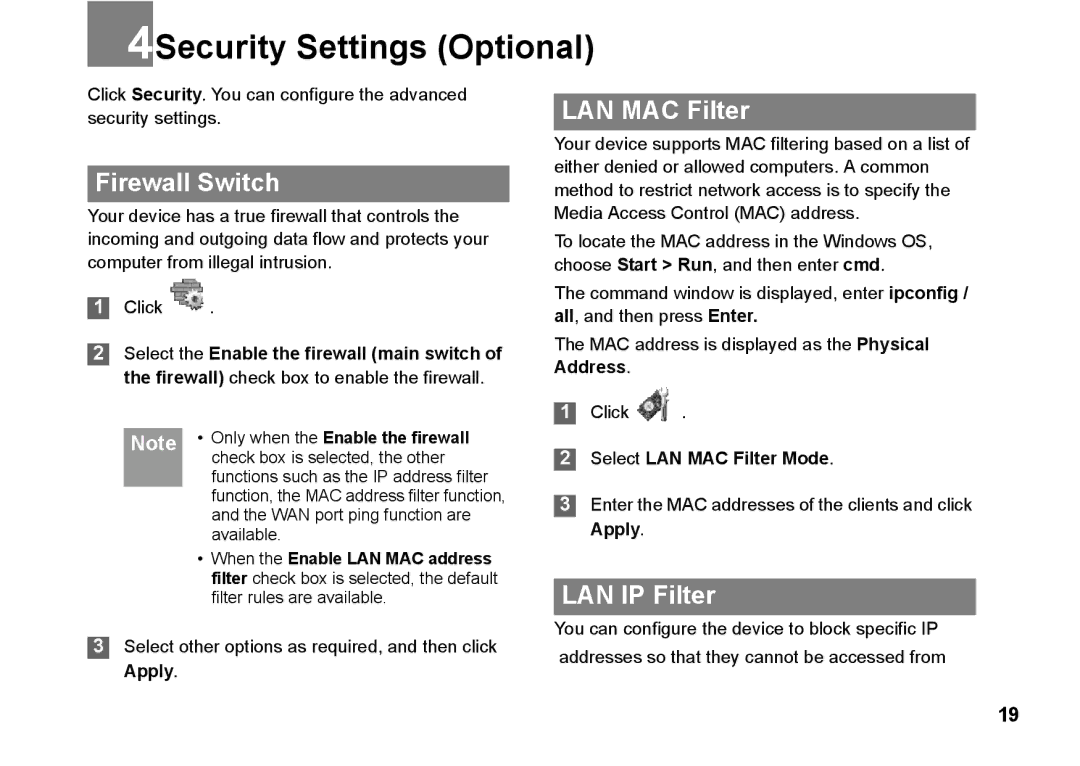 Huawei B970 manual 4Security Settings Optional, Firewall Switch, LAN MAC Filter, LAN IP Filter 