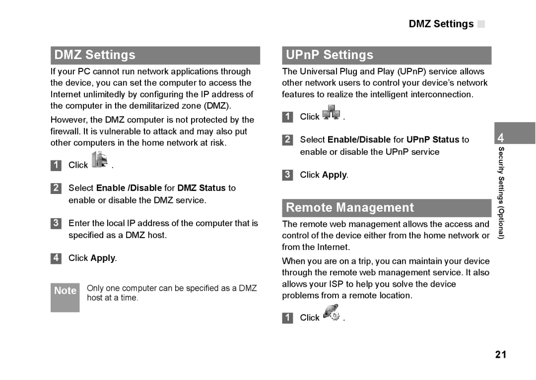 Huawei B970 manual DMZ Settings, UPnP Settings, Remote Management, Select Enable/Disable for UPnP Status to 