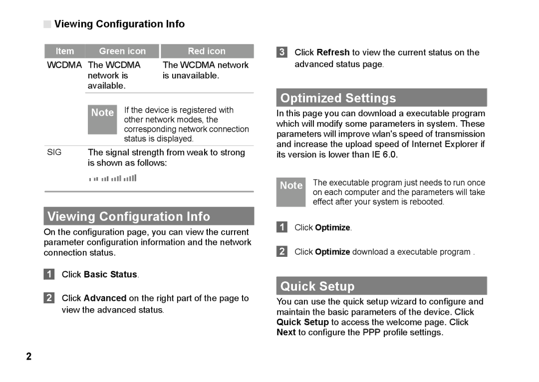 Huawei B970 manual Optimized Settings, Viewing Configuration Info, Quick Setup 