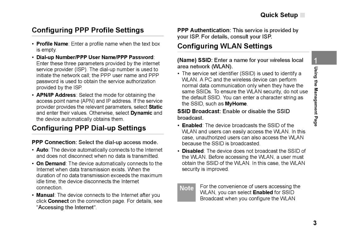 Huawei B970 Configuring PPP Profile Settings, Configuring PPP Dial-up Settings, Configuring Wlan Settings, Quick Setup 