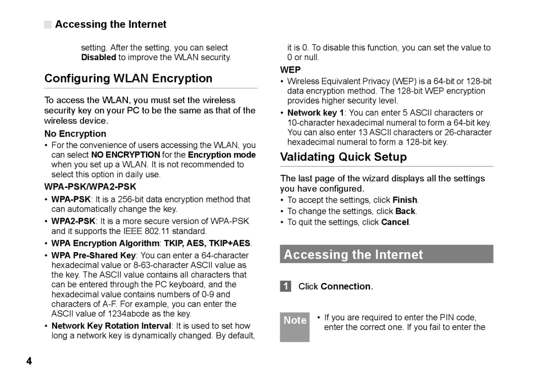 Huawei B970 manual Accessing the Internet, Configuring Wlan Encryption, Validating Quick Setup 