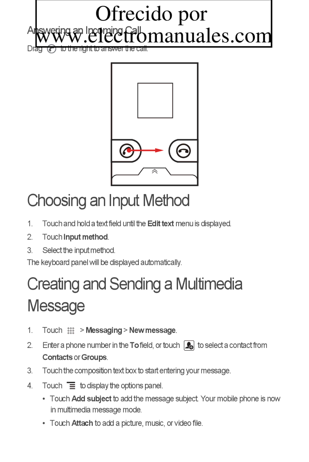 Huawei C8800 quick start Choosing an Input Method, Creating and Sending a Multimedia Message, Answering an Incoming Call 