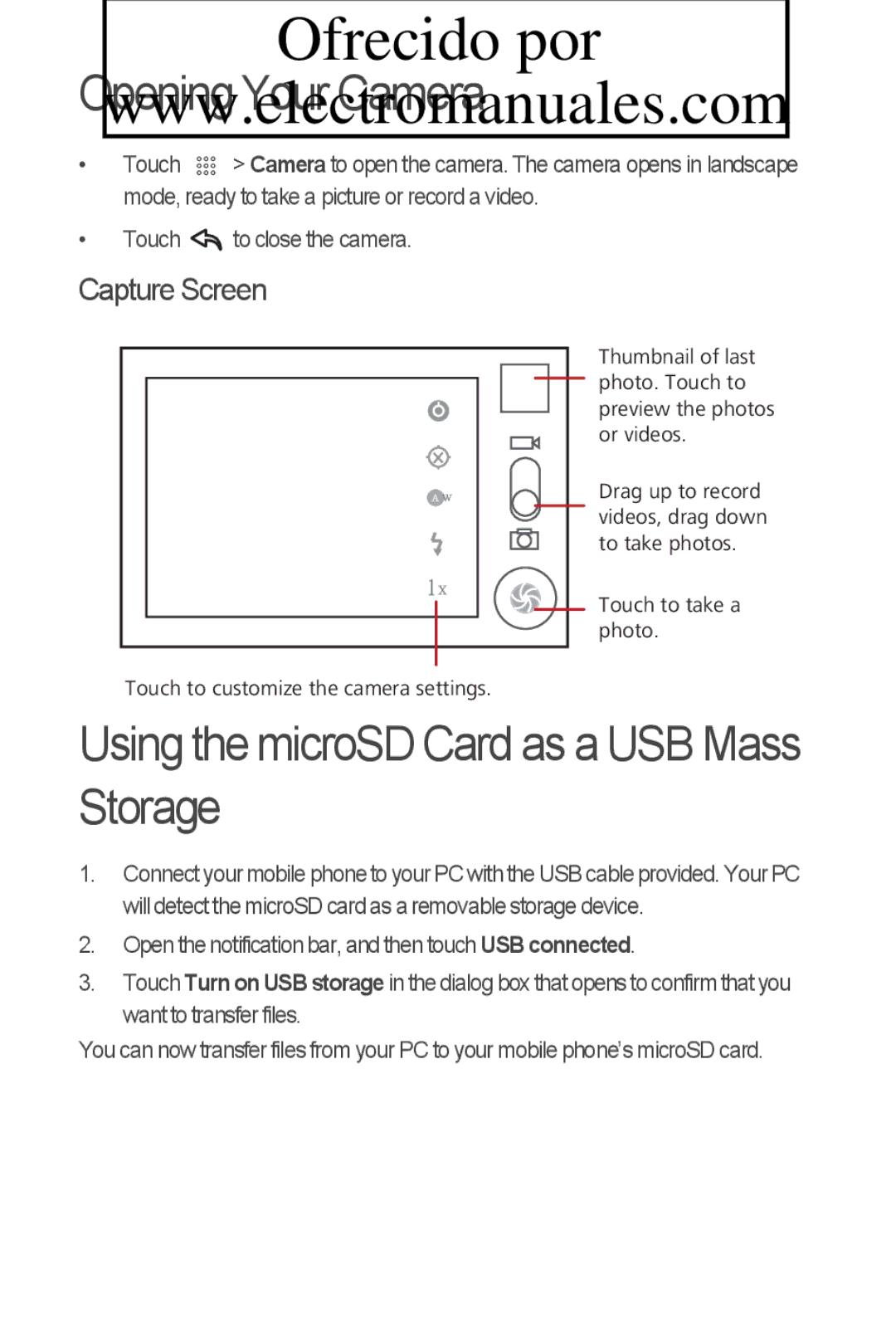 Huawei C8800 quick start Opening Your Camera, Using the microSD Card as a USB Mass Storage, Capture Screen 