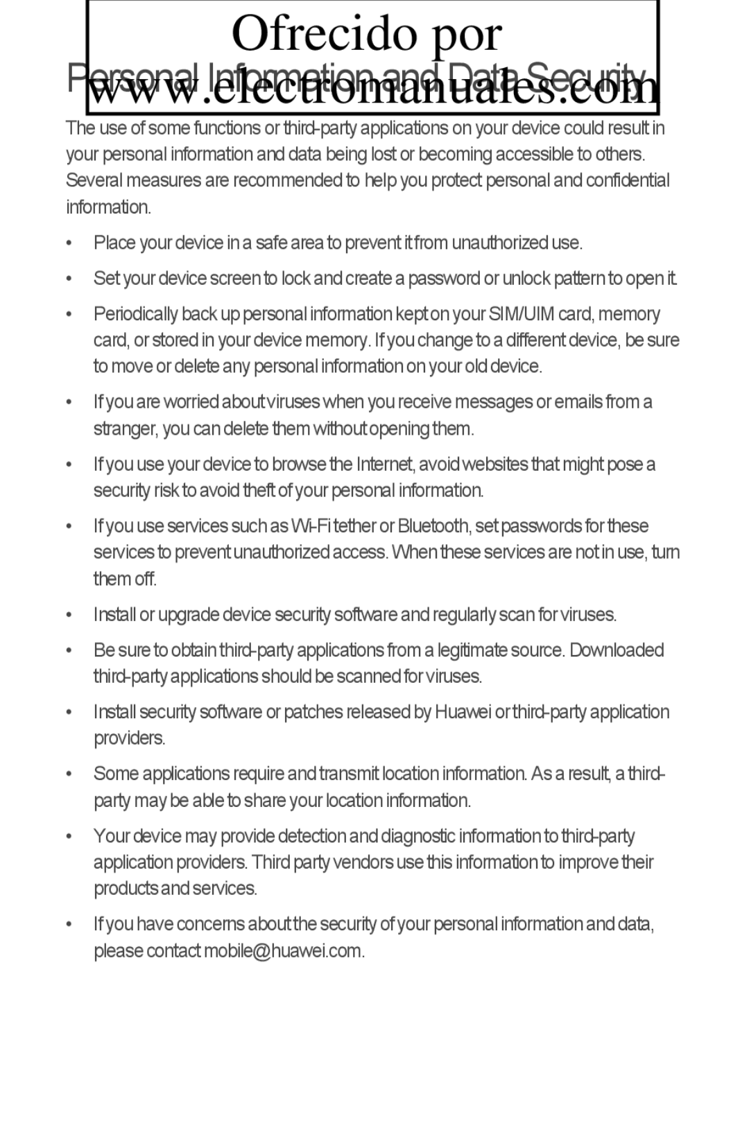 Huawei C8800 quick start Ofrecido por, Personal Information and Data Security 