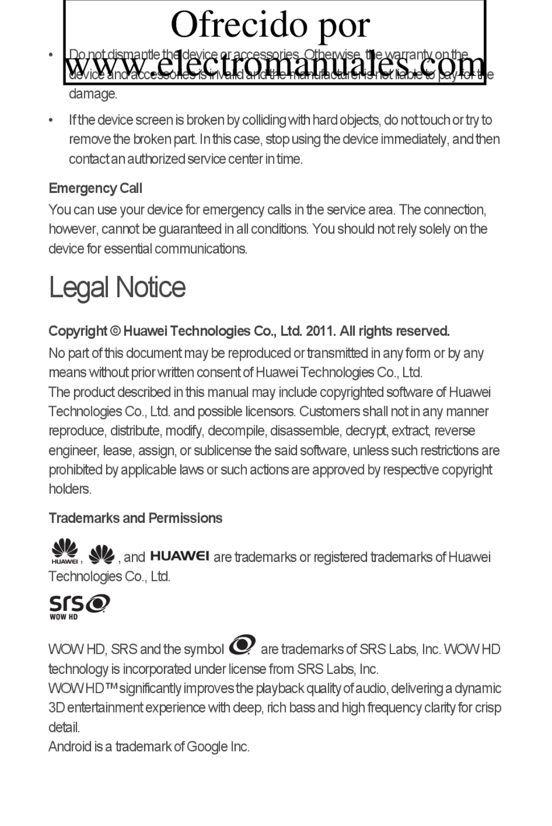 Huawei C8800 quick start Legal Notice, Emergency Call, Trademarks and Permissions 