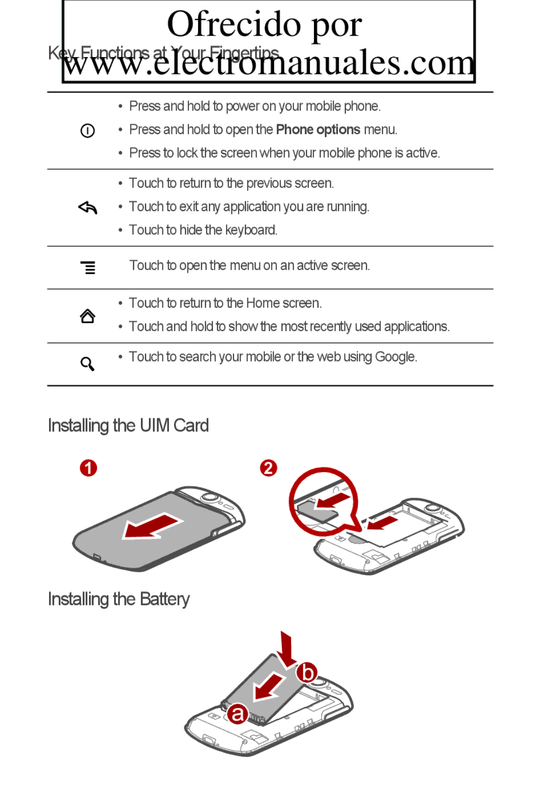 Huawei C8800 quick start Key Functions at Your Fingertips, Installing the UIM Card Installing the Battery 