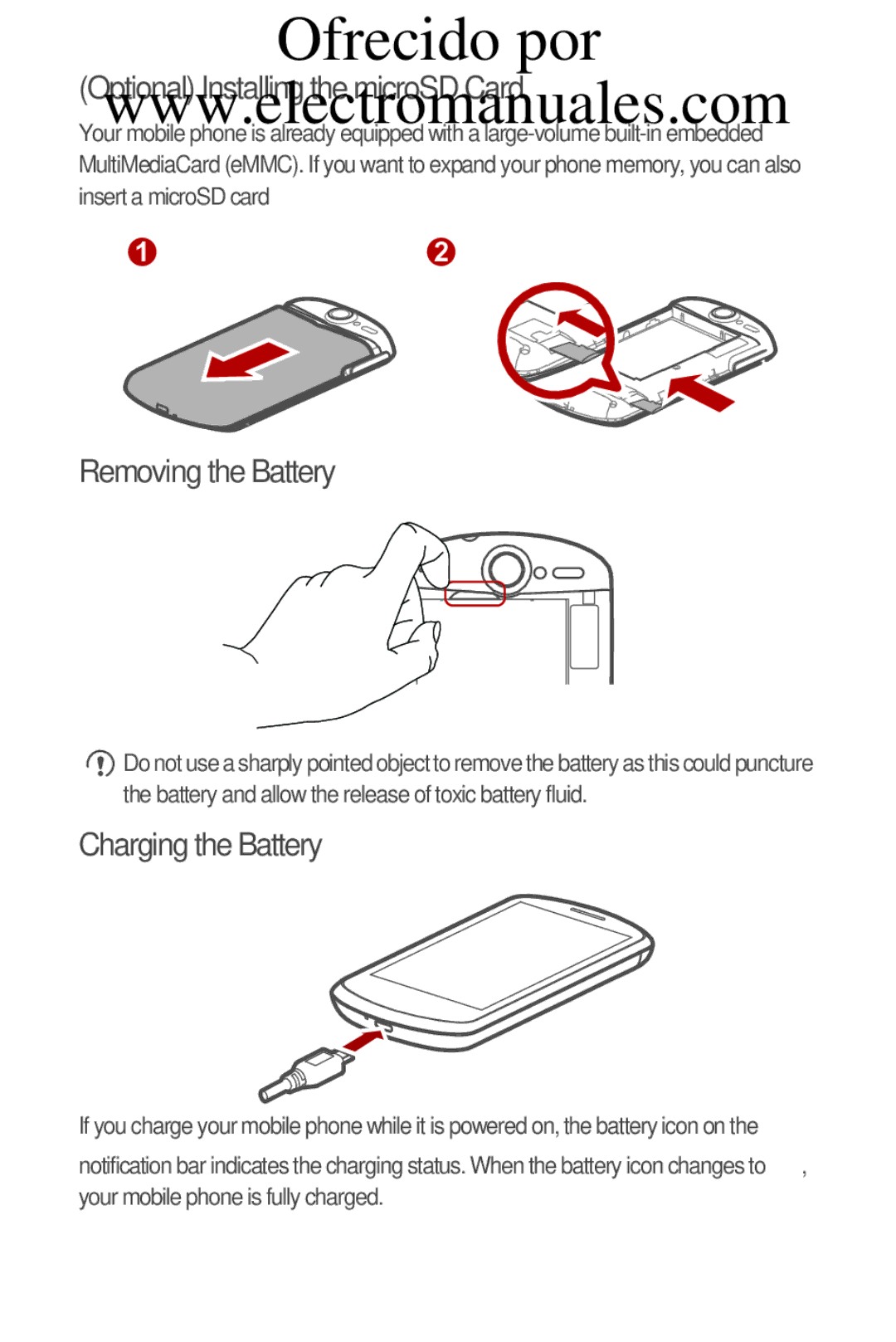 Huawei C8800 quick start Optional Installing the microSD Card, Removing the Battery, Charging the Battery 