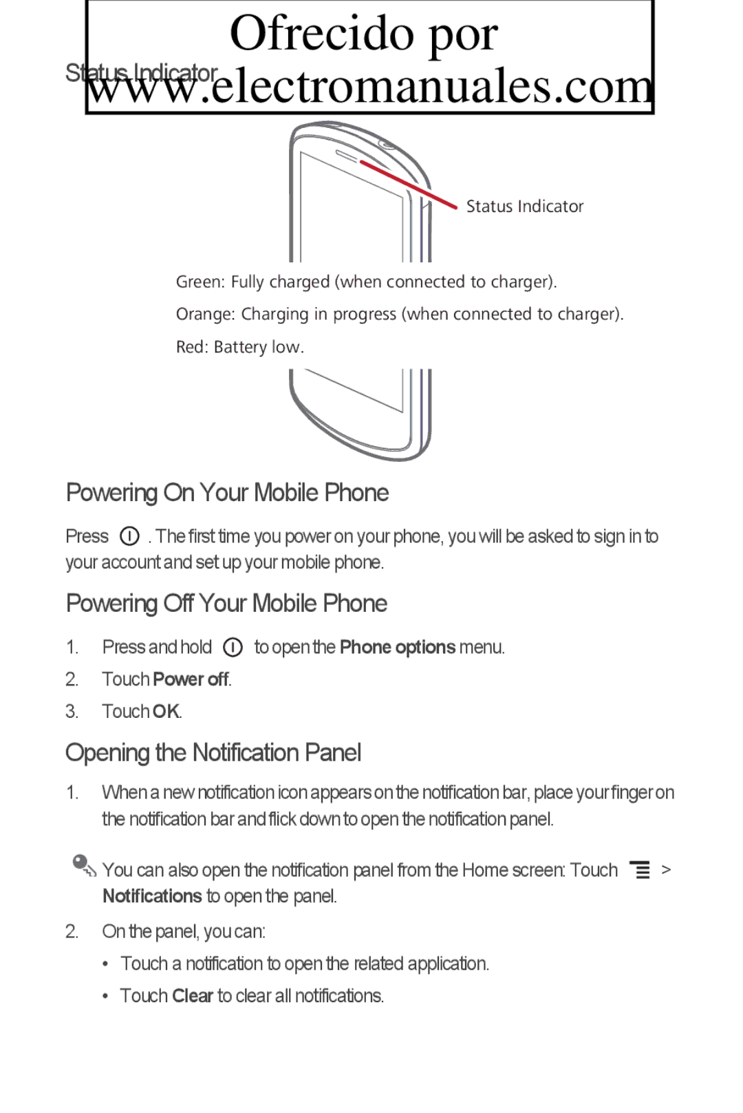 Huawei C8800 quick start Status Indicator, Powering On Your Mobile Phone, Powering Off Your Mobile Phone, Touch Power off 