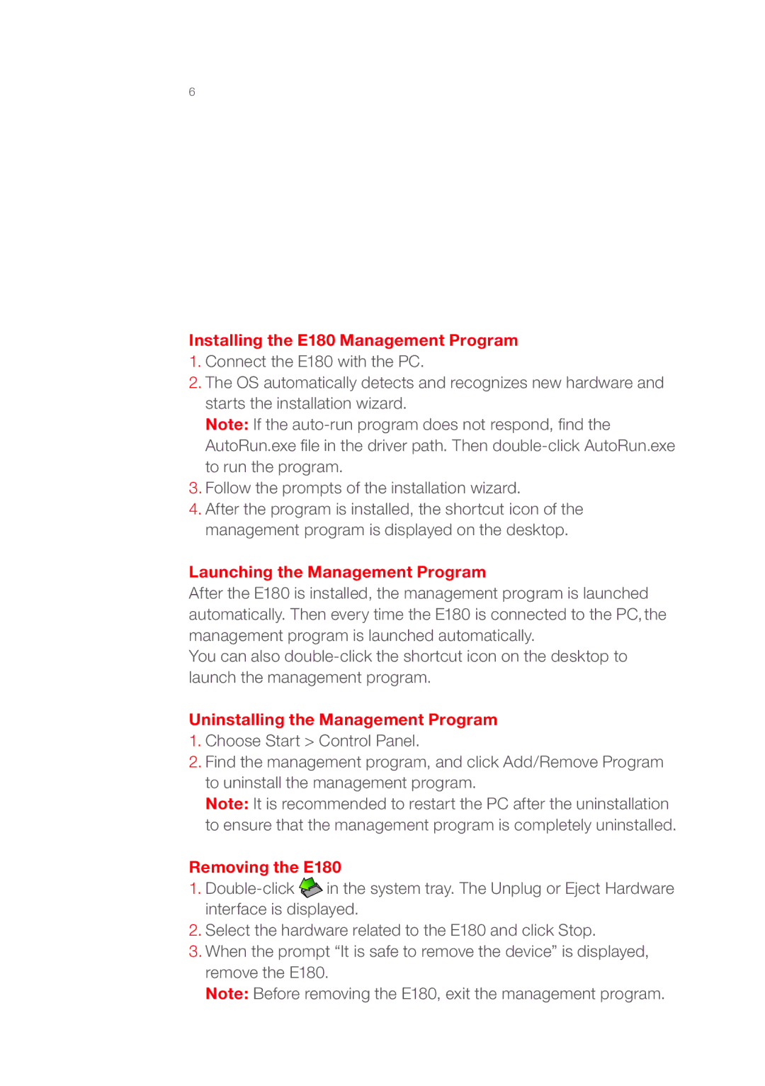 Huawei Installing the E180 Management Program, Launching the Management Program, Uninstalling the Management Program 