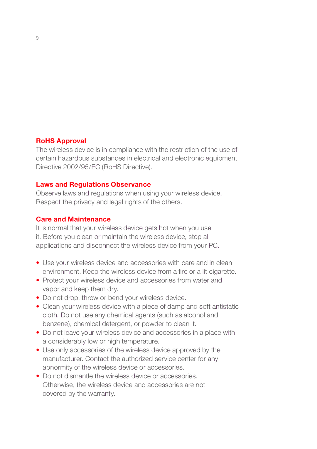 Huawei E180 quick start RoHS Approval, Laws and Regulations Observance, Care and Maintenance 