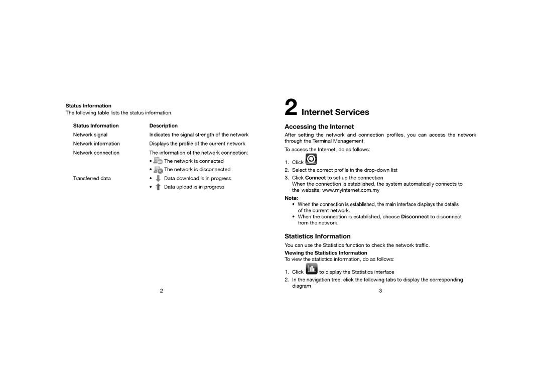 Huawei E219 manual Internet Services, Accessing the Internet, Statistics Information 