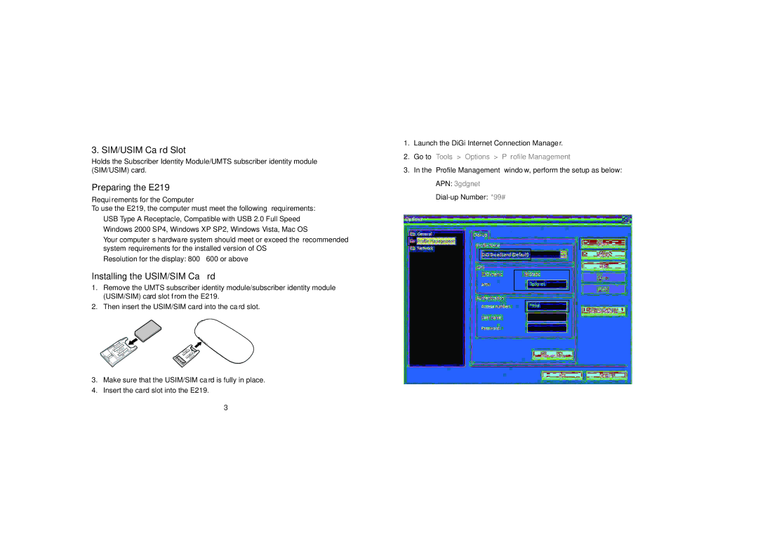 Huawei manual SIM/USIM Card Slot, Preparing the E219, Installing the USIM/SIM Card, Requirements for the Computer 