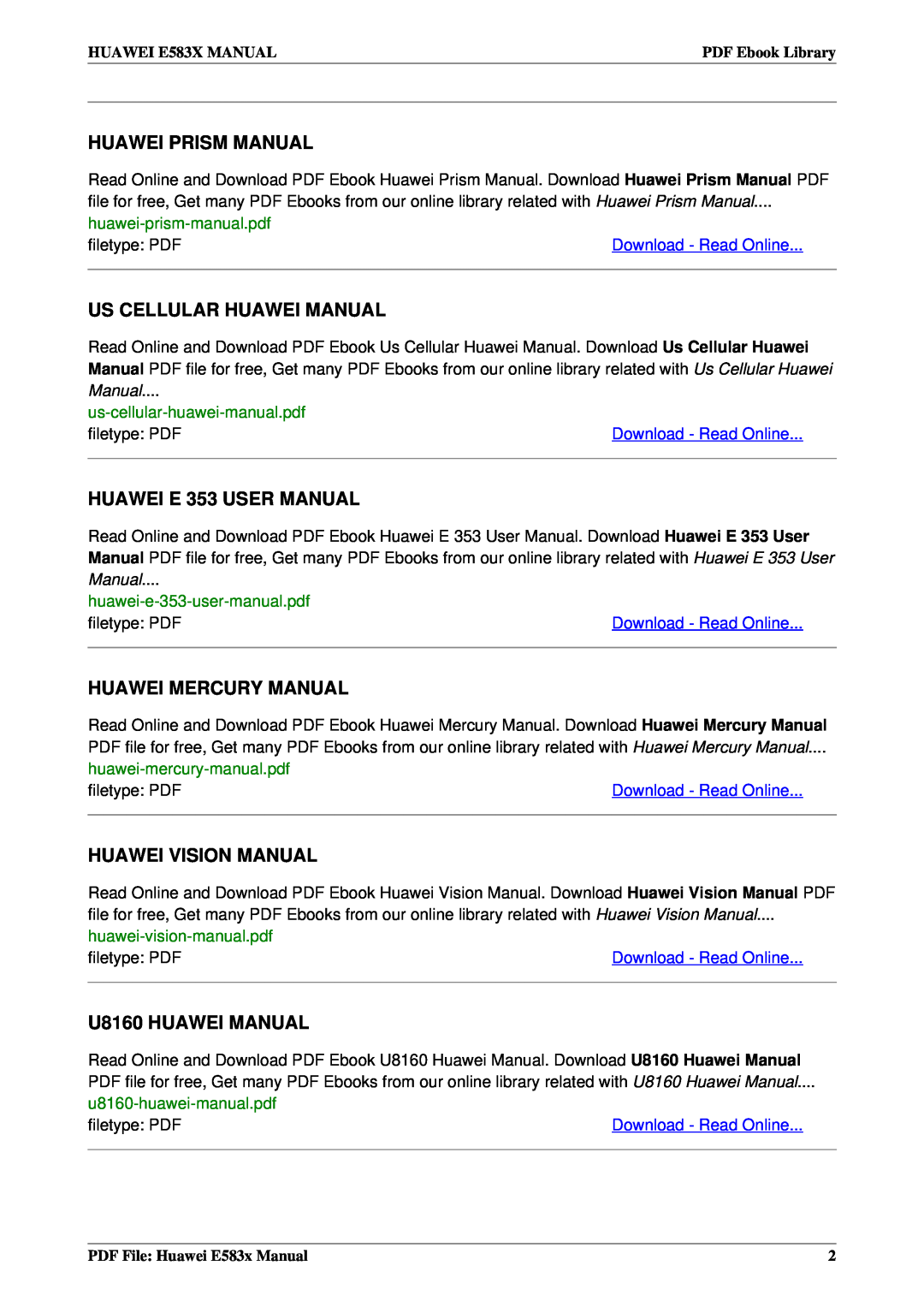 Huawei E583x Huawei Prism Manual, Us Cellular Huawei Manual, Huawei Mercury Manual, Huawei Vision Manual, filetype PDF 