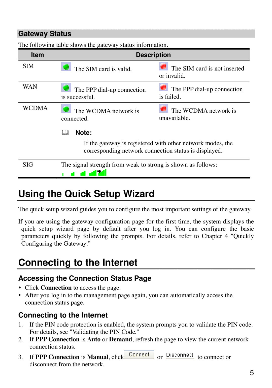 Huawei E960 Using the Quick Setup Wizard, Connecting to the Internet, Gateway Status, Accessing the Connection Status 