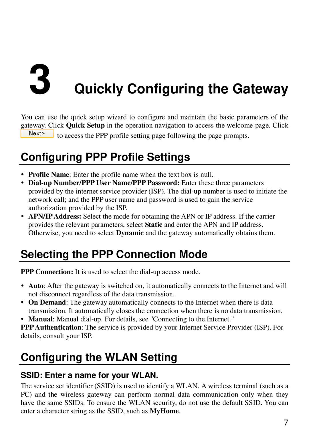 Huawei E960 manual Quickly Configuring the Gateway, Configuring PPP Profile Settings, Selecting the PPP Connection Mode 