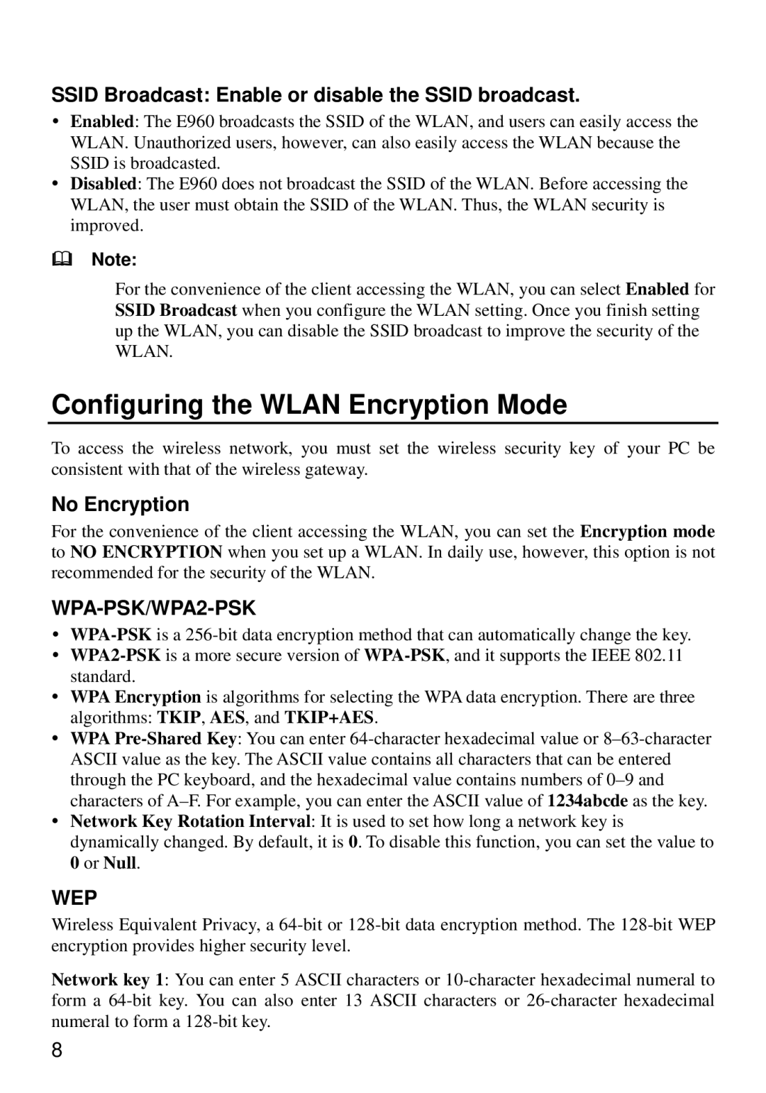 Huawei E960 manual Configuring the Wlan Encryption Mode, Ssid Broadcast Enable or disable the Ssid broadcast, No Encryption 