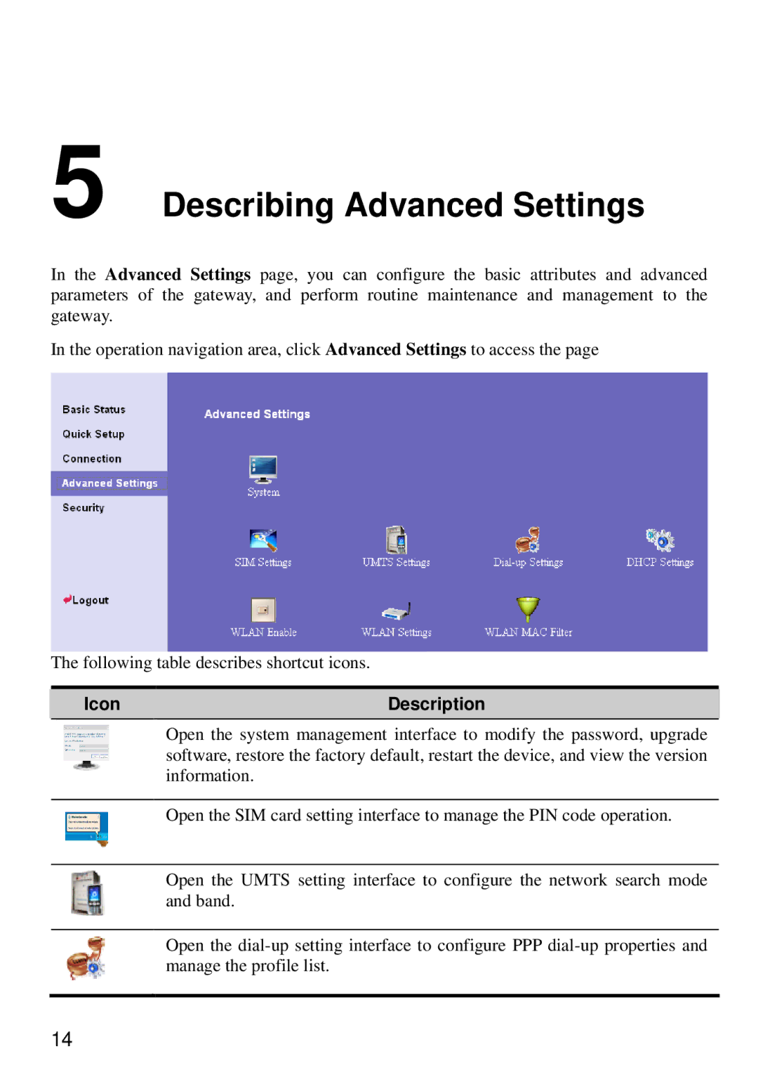 Huawei E960 manual Describing Advanced Settings, Icon Description 