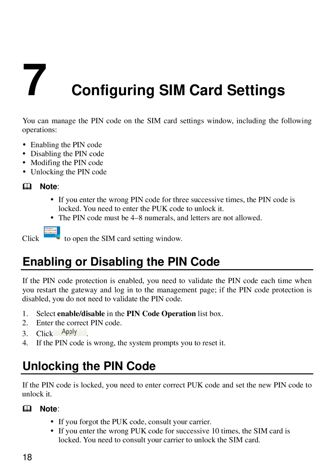 Huawei E960 manual Configuring SIM Card Settings, Enabling or Disabling the PIN Code, Unlocking the PIN Code 