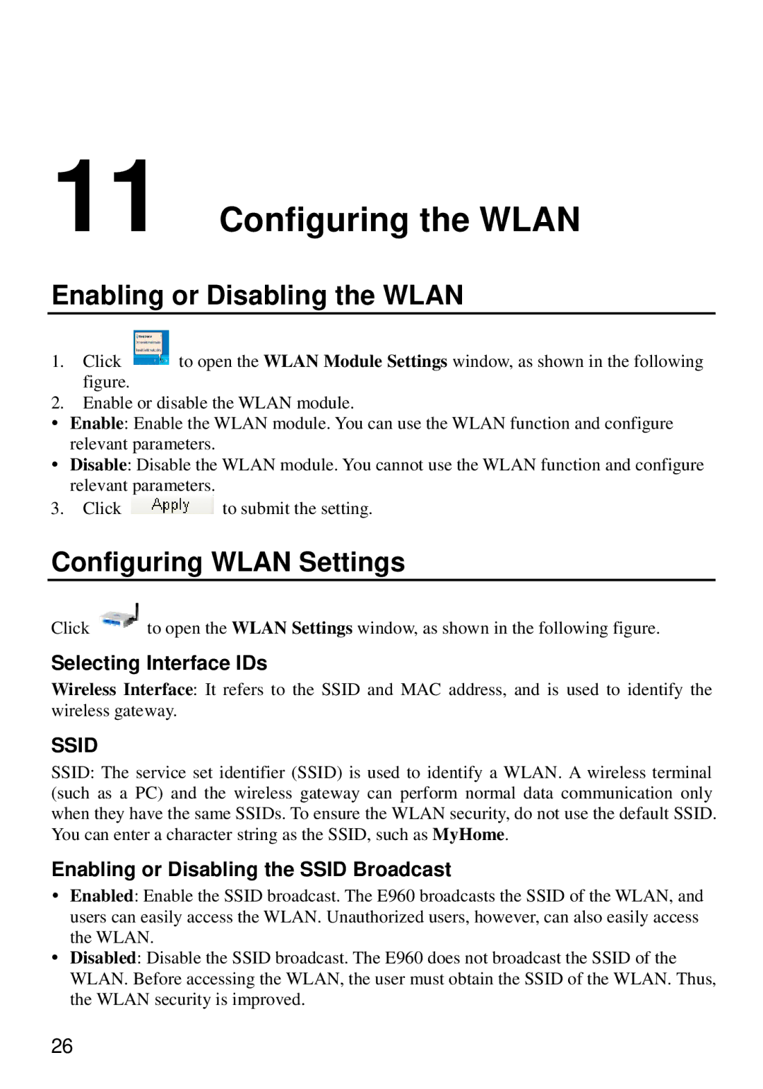 Huawei E960 manual Configuring the Wlan, Enabling or Disabling the Wlan, Configuring Wlan Settings, Selecting Interface IDs 