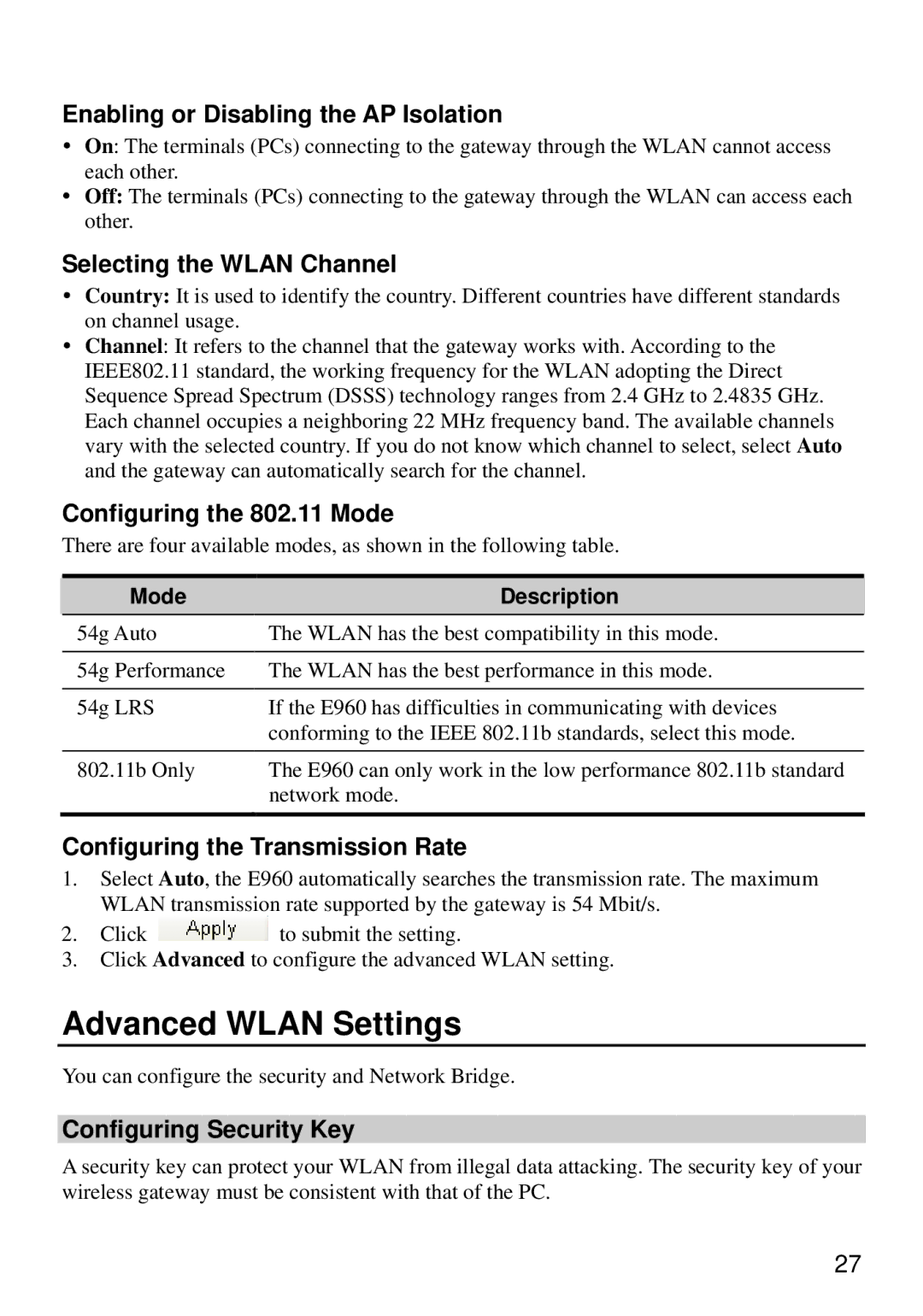 Huawei E960 manual Advanced Wlan Settings 