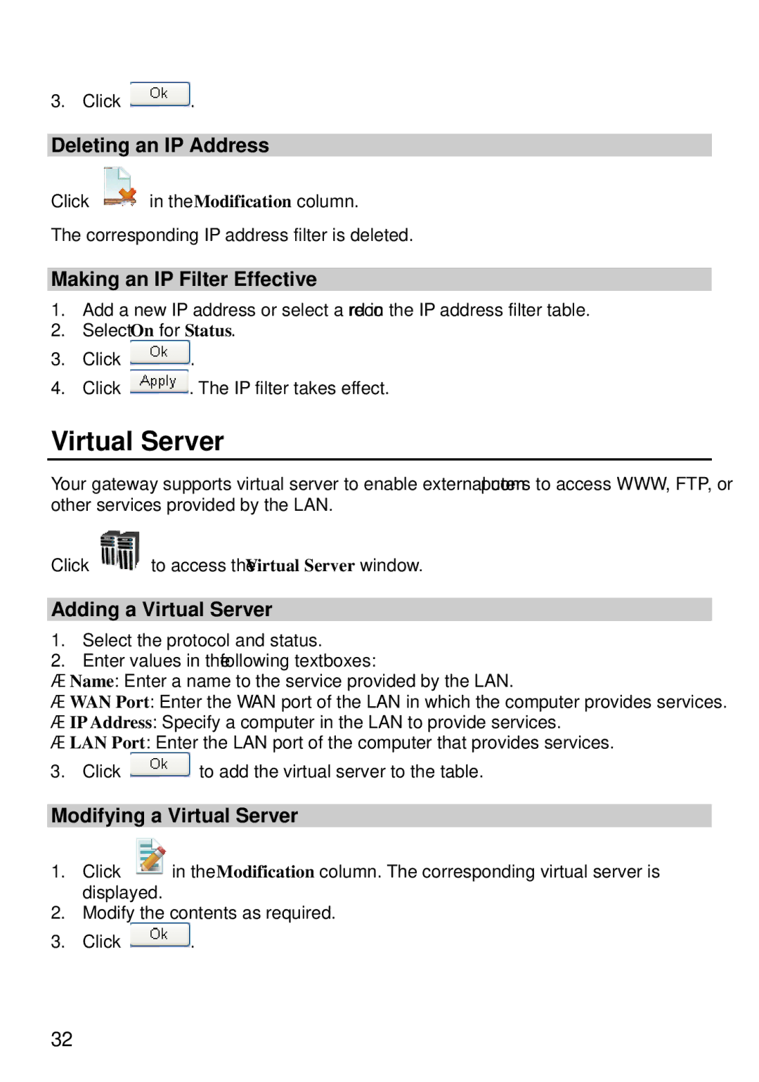 Huawei E960 Deleting an IP Address, Making an IP Filter Effective, Adding a Virtual Server, Modifying a Virtual Server 