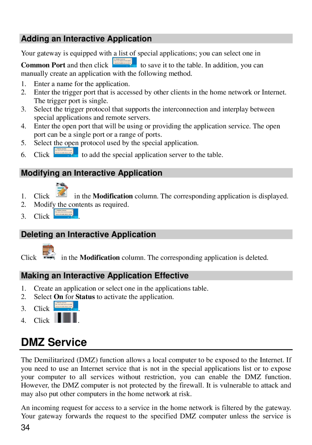 Huawei E960 manual DMZ Service, Adding an Interactive Application, Modifying an Interactive Application 