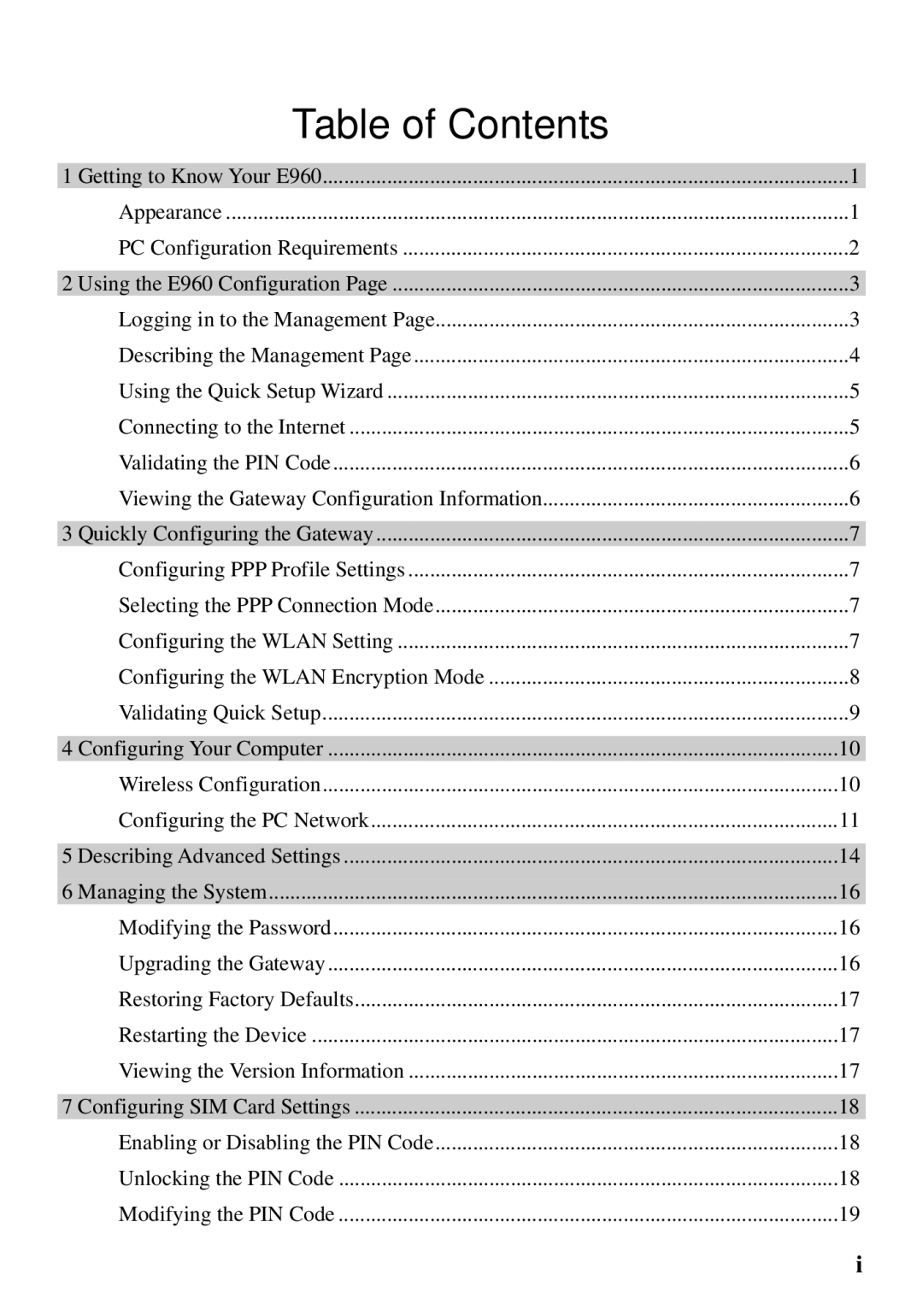 Huawei E960 manual Table of Contents 