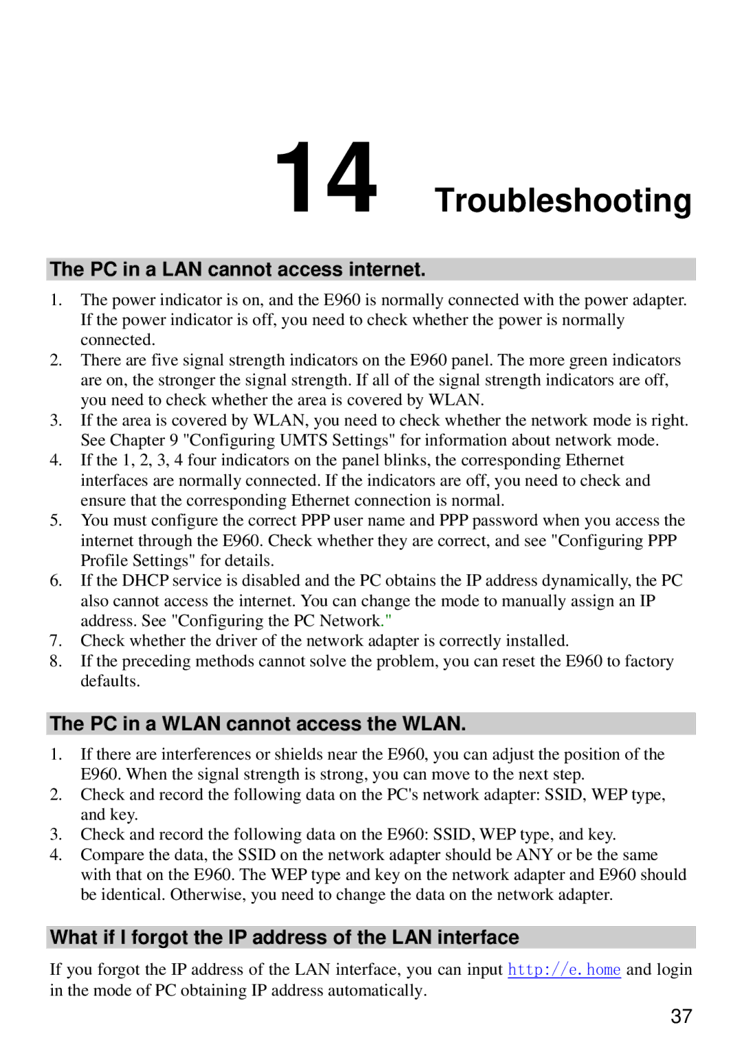 Huawei E960 manual Troubleshooting, PC in a LAN cannot access internet, PC in a Wlan cannot access the Wlan 