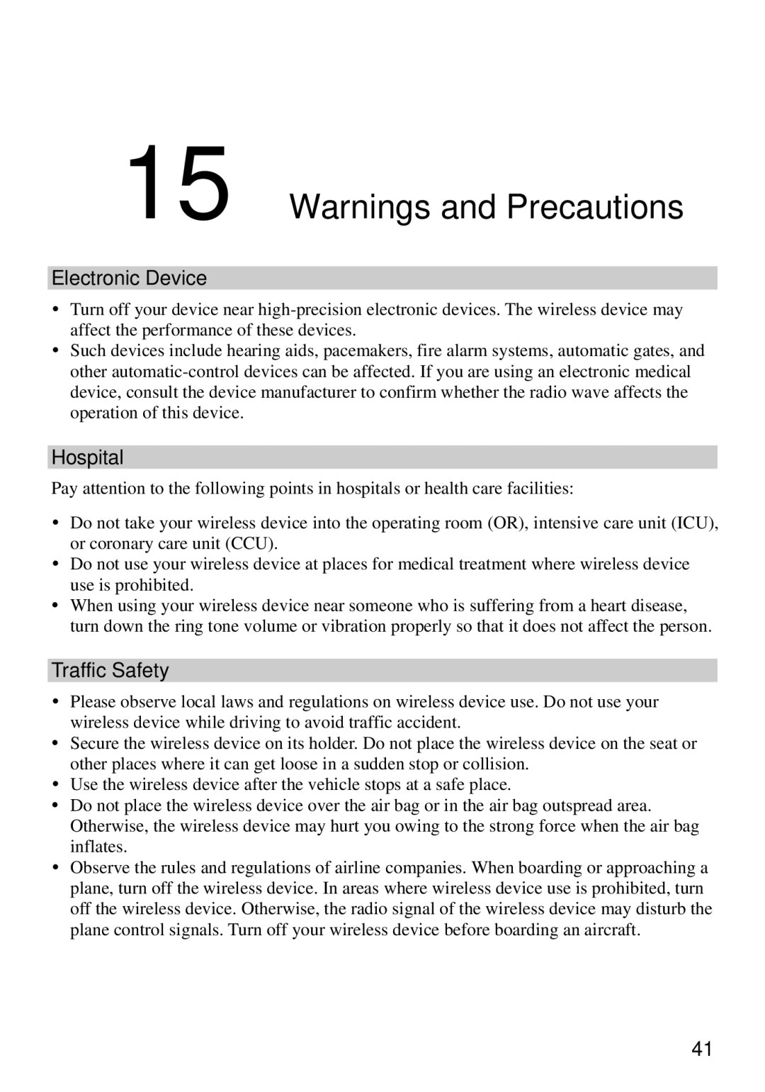 Huawei E960 manual Electronic Device, Hospital, Traffic Safety 