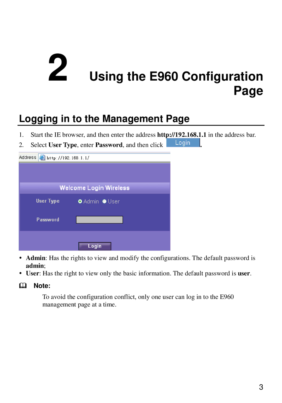 Huawei manual Using the E960 Configuration, Logging in to the Management 