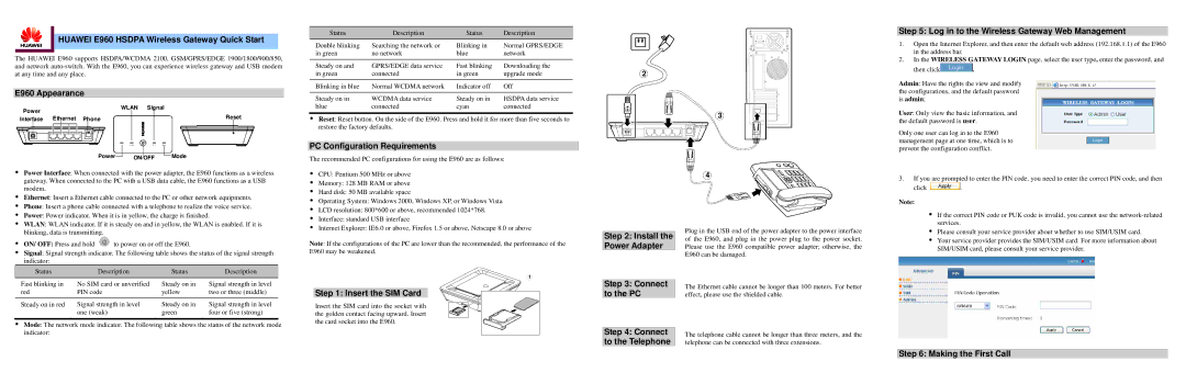 Huawei quick start Huawei E960 Hsdpa Wireless Gateway Quick Start, E960 Appearance, PC Configuration Requirements 