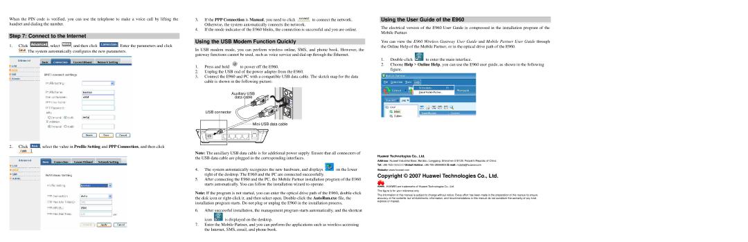 Huawei quick start Connect to the Internet, Using the USB Modem Function Quickly, Using the User Guide of the E960 