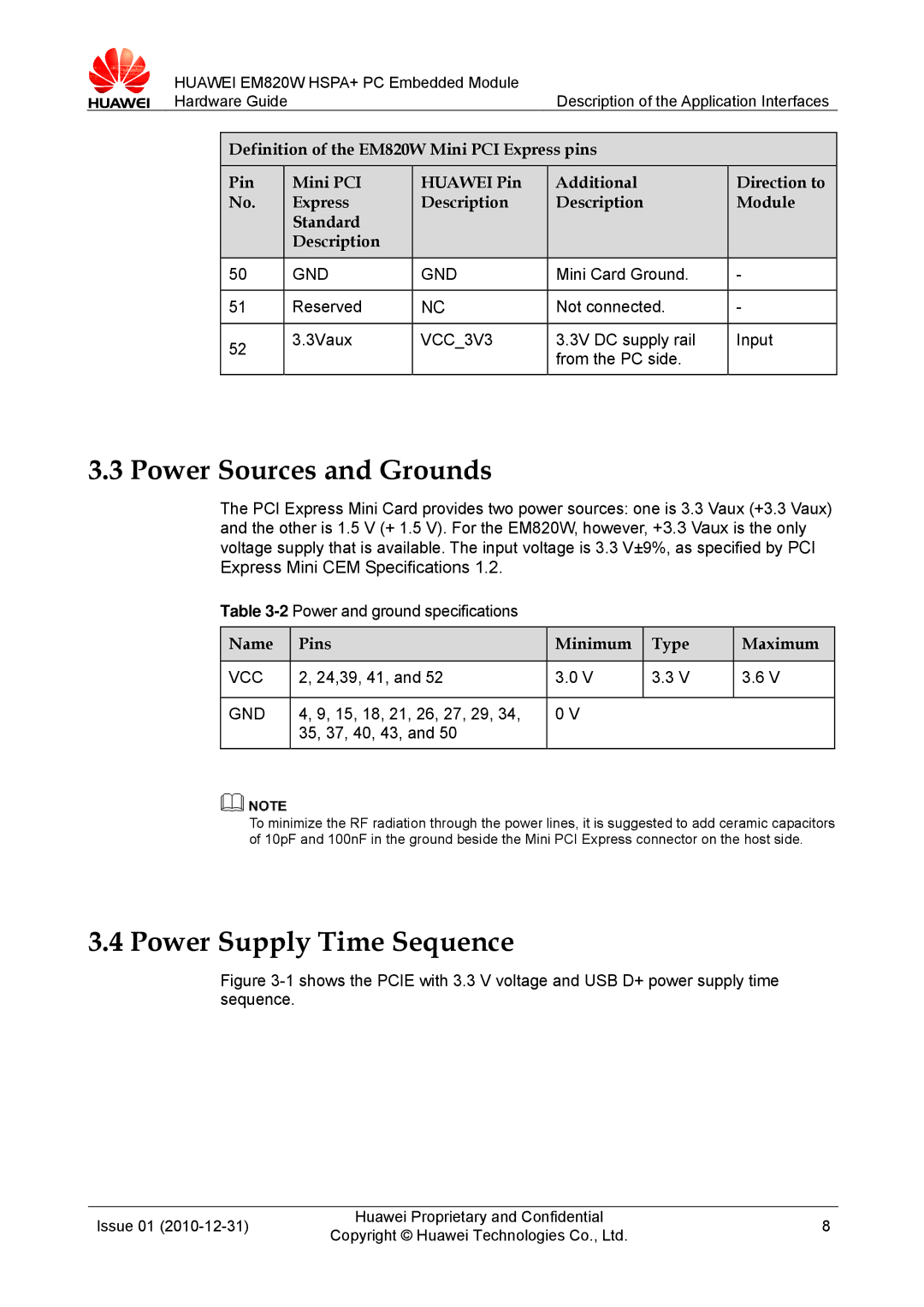 Huawei EM820W manual Power Sources and Grounds, Power Supply Time Sequence, Name Pins Minimum Type Maximum, Vcc 