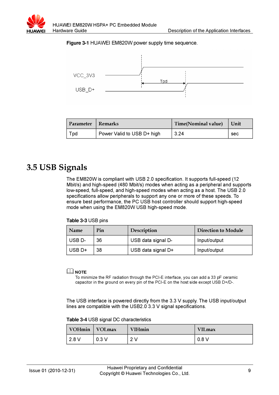 Huawei EM820W manual USB Signals, Parameter Remarks, TimeNominal value Unit, Name Pin Description Direction to Module 