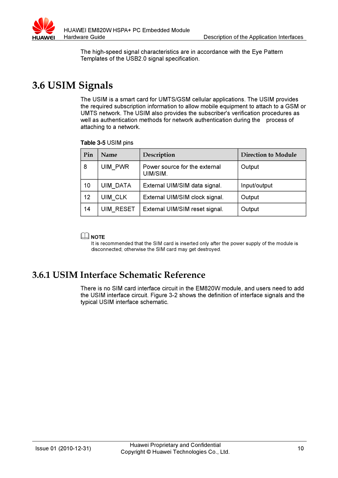 Huawei EM820W manual Usim Signals, Usim Interface Schematic Reference, Pin Name Description, Uim/Sim 