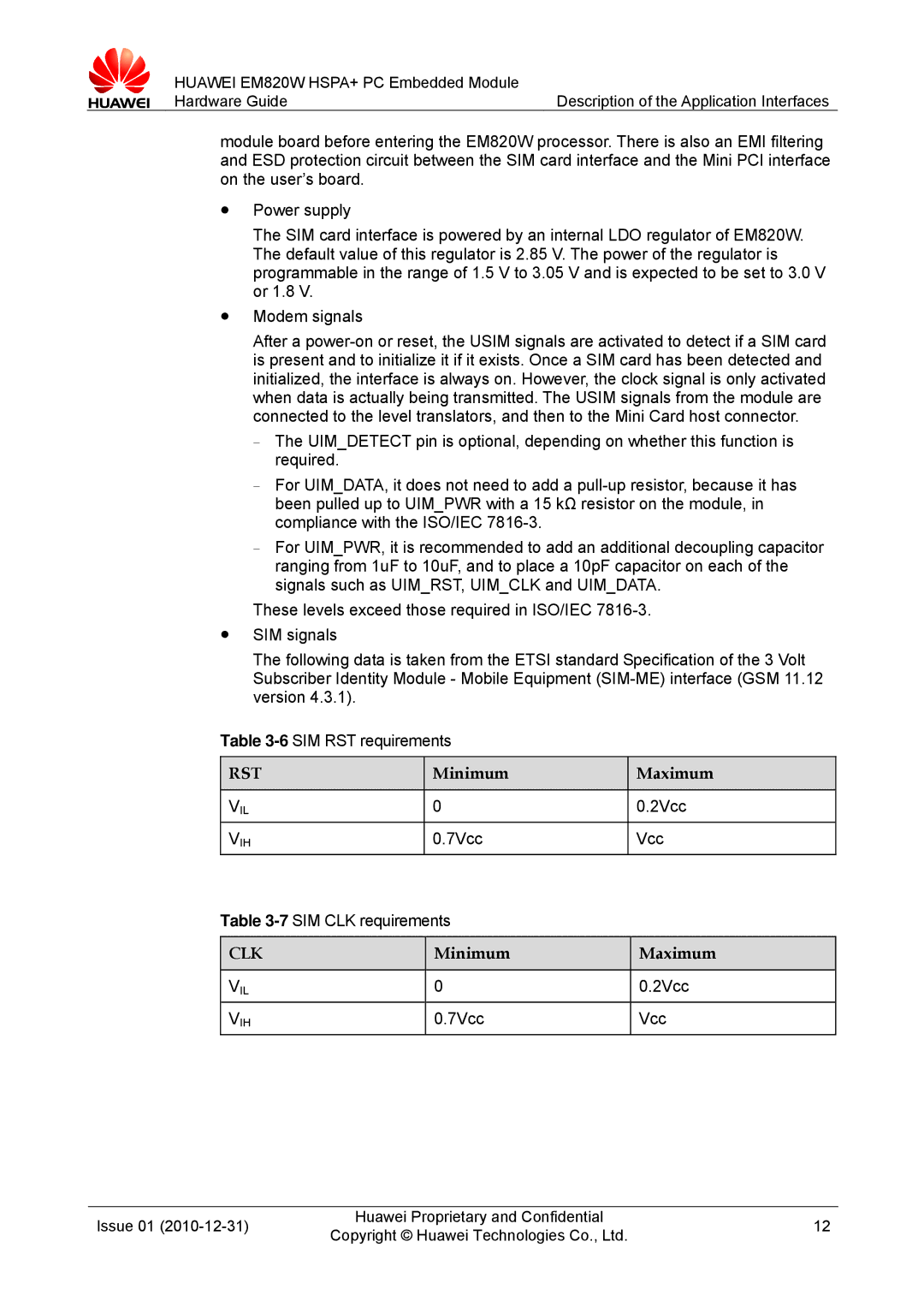 Huawei EM820W manual Minimum Maximum, 2Vcc, 7Vcc SIM CLK requirements 