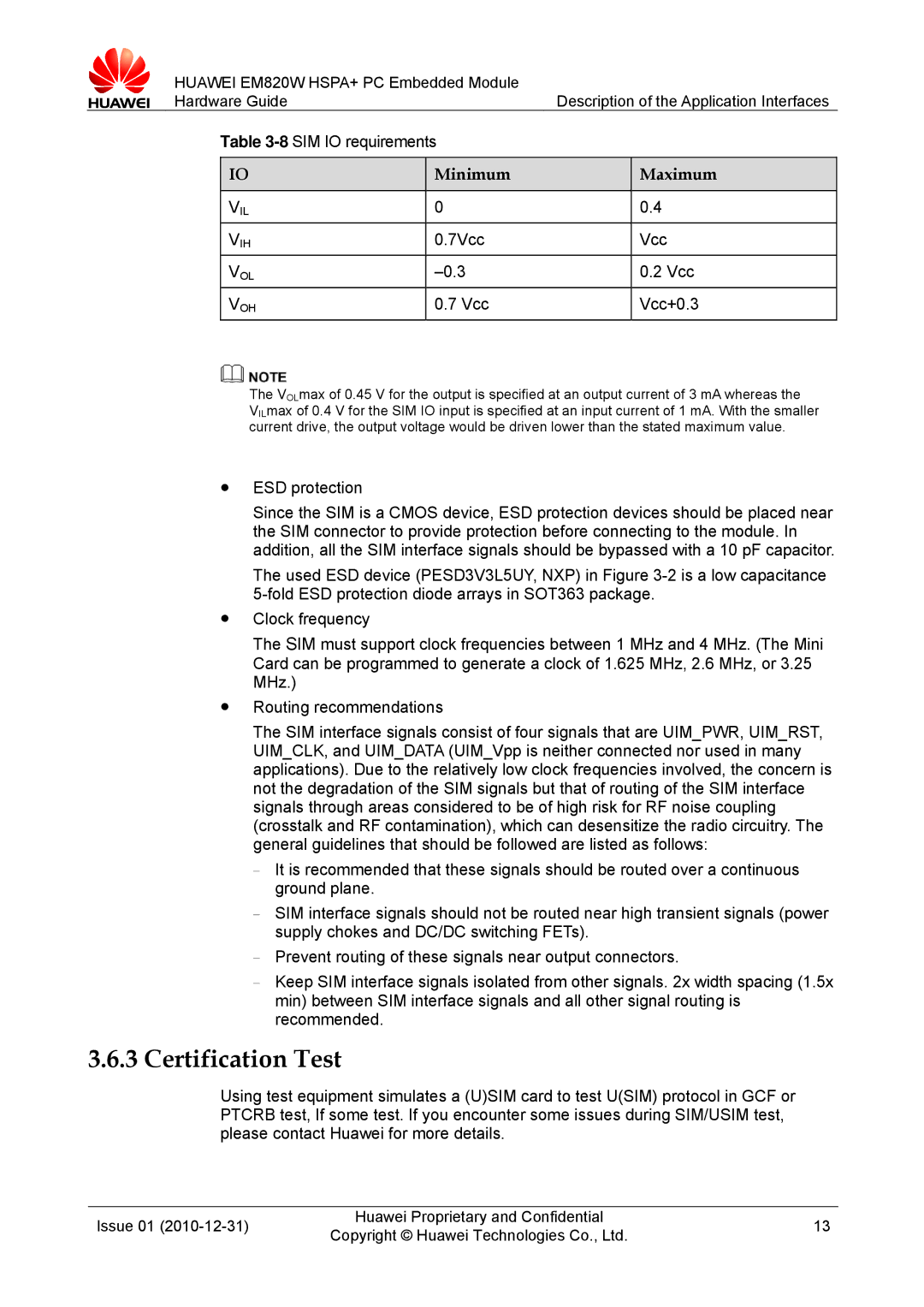 Huawei EM820W manual Certification Test, 8SIM IO requirements, Vcc Vcc+0.3, ESD protection 