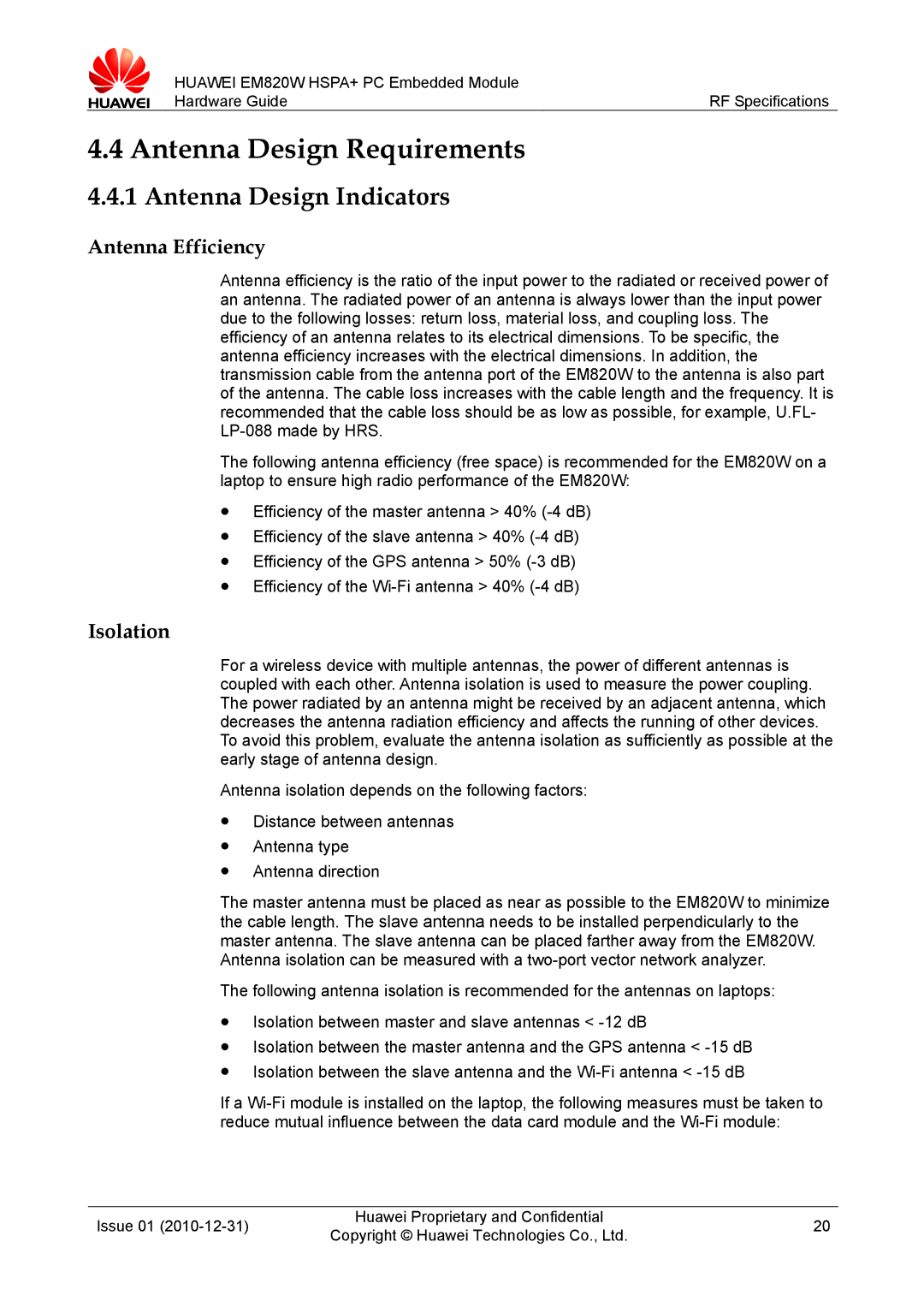 Huawei EM820W manual Antenna Design Requirements, Antenna Design Indicators 