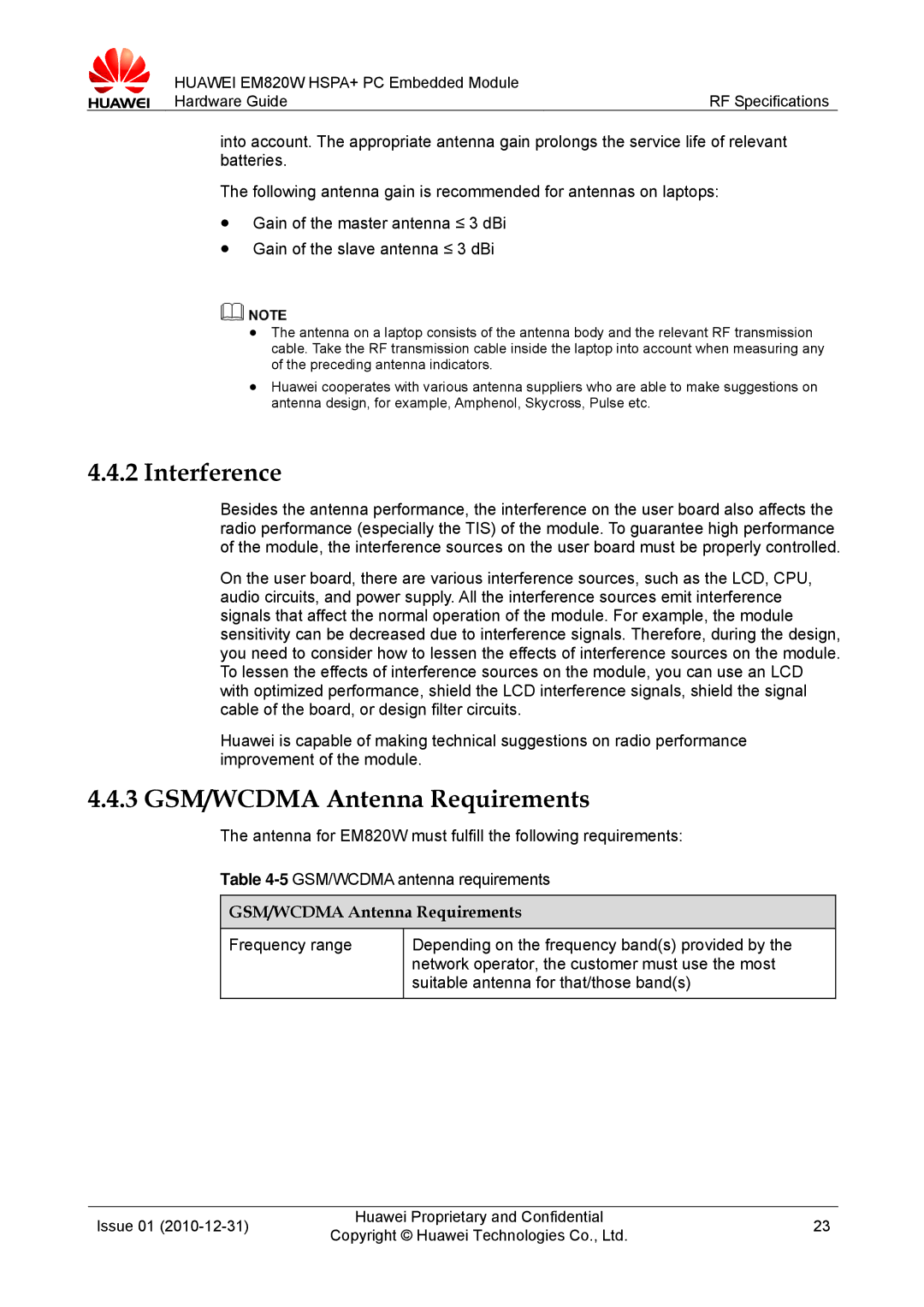 Huawei EM820W manual Interference, 3 GSM/WCDMA Antenna Requirements 