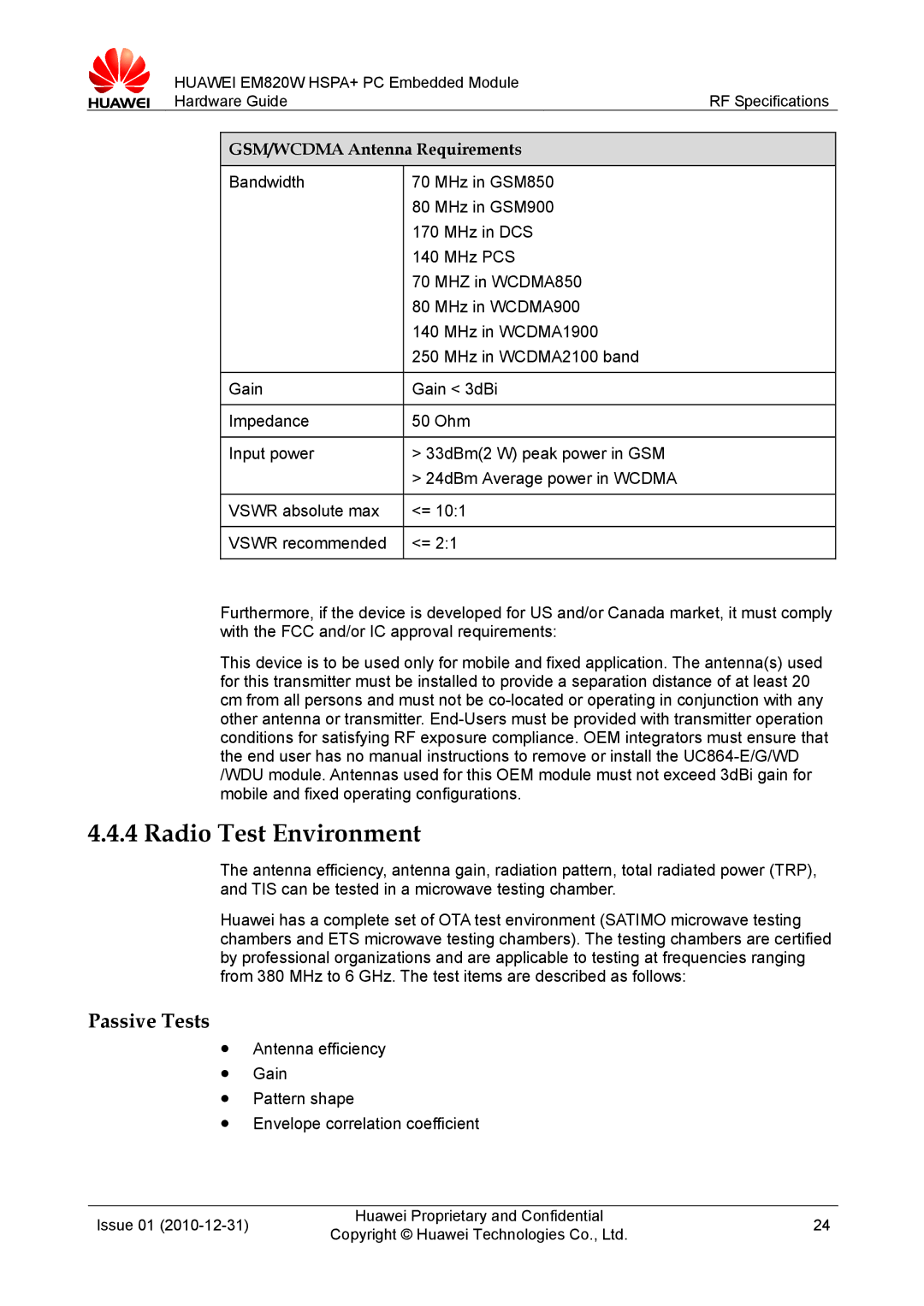 Huawei EM820W manual Radio Test Environment, Passive Tests 