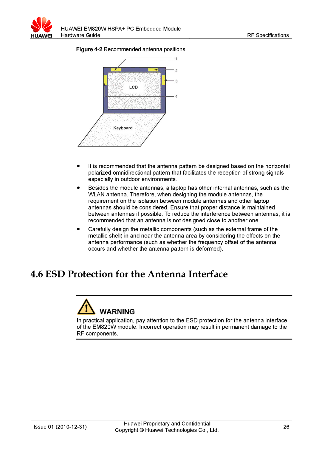 Huawei EM820W manual ESD Protection for the Antenna Interface 