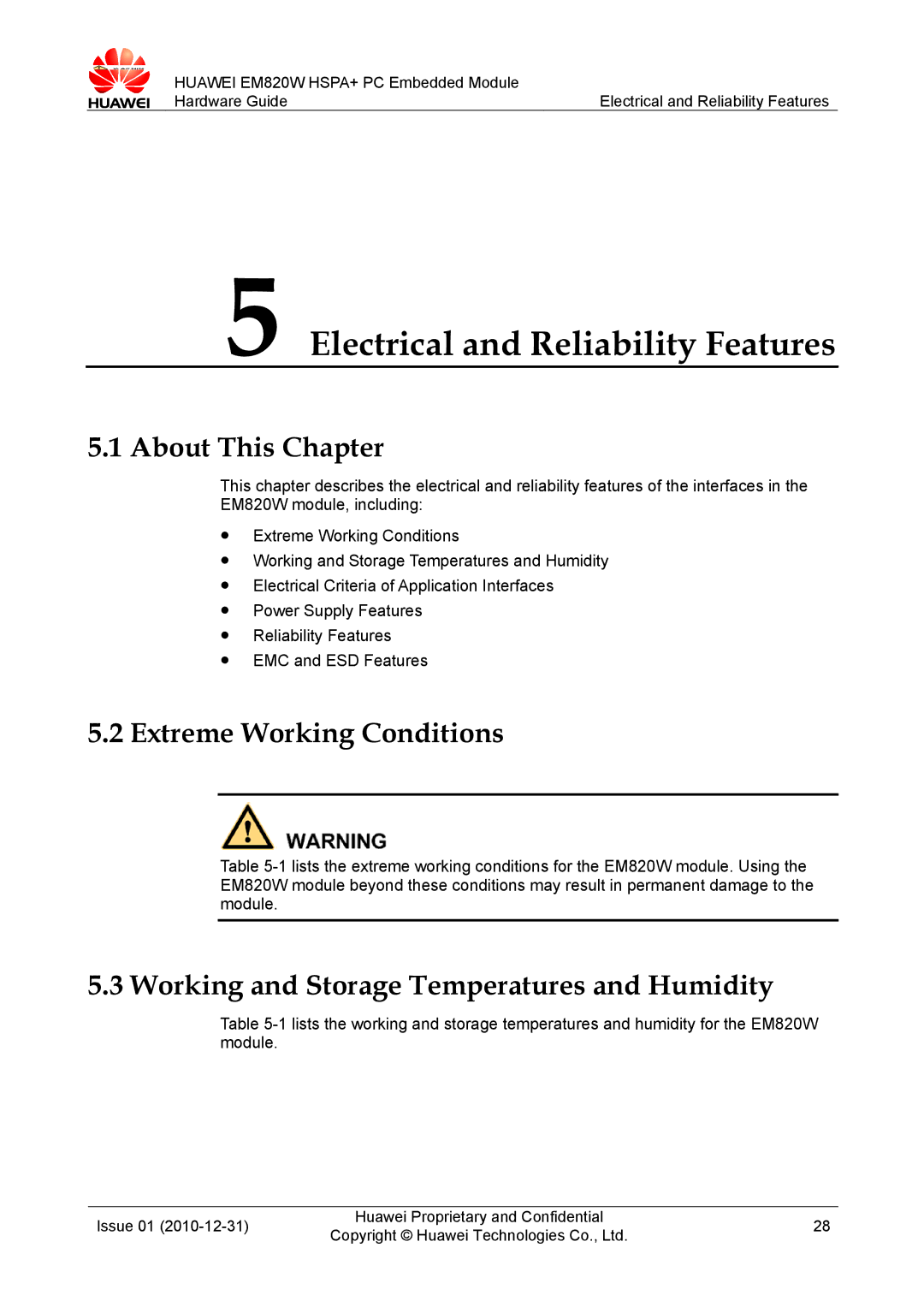 Huawei EM820W manual Electrical and Reliability Features, Extreme Working Conditions 